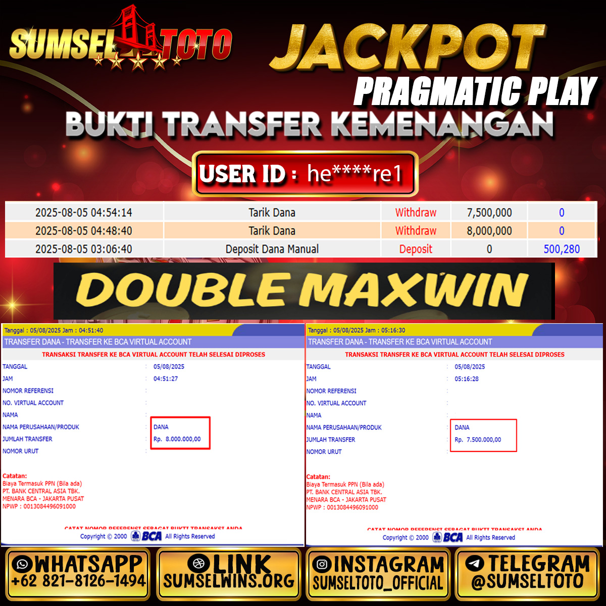 SUMSELTOTO JACKPOT DOUBLE MAXWIN Gates Of Olympus 1000 Rp.15,500,000.,- LUNAS